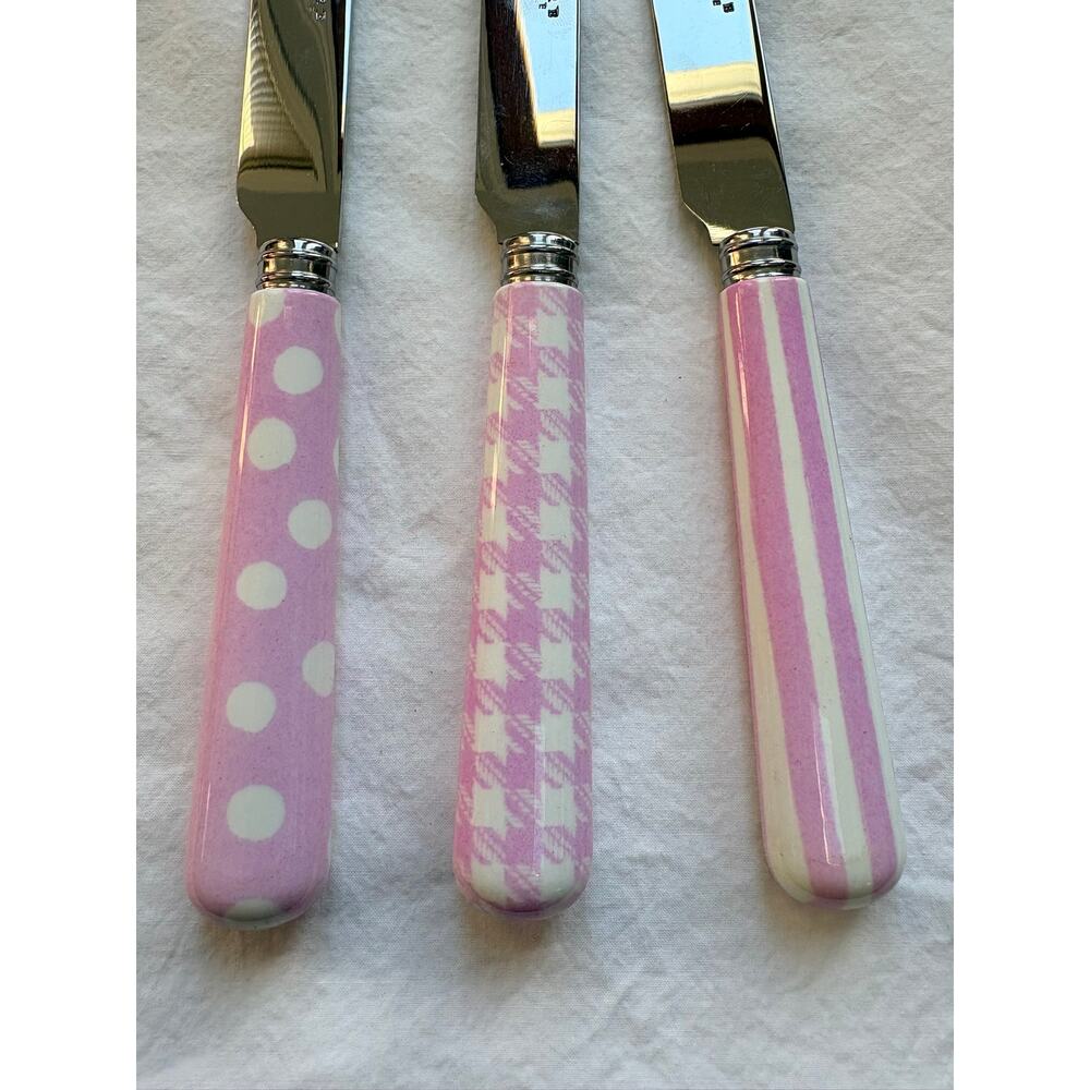 NEW Sabre Paris Breakfast Knives Set of 3 Pink & White Gingham Stripe Polka Dot - Picture 3 of 3